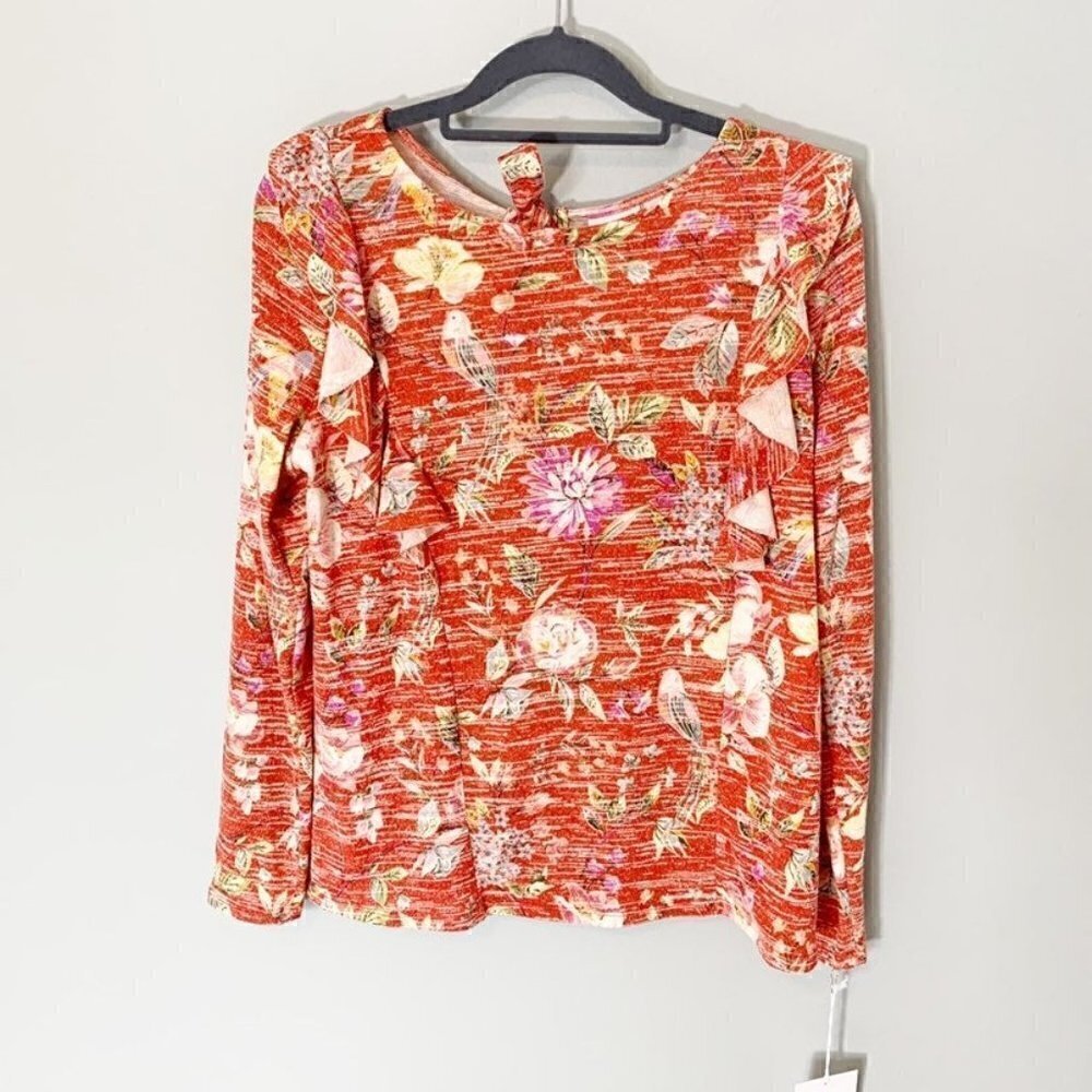 NEW LC Lauren Conrad Floral Bird Print Ruffle Tie Back Top Orange Small